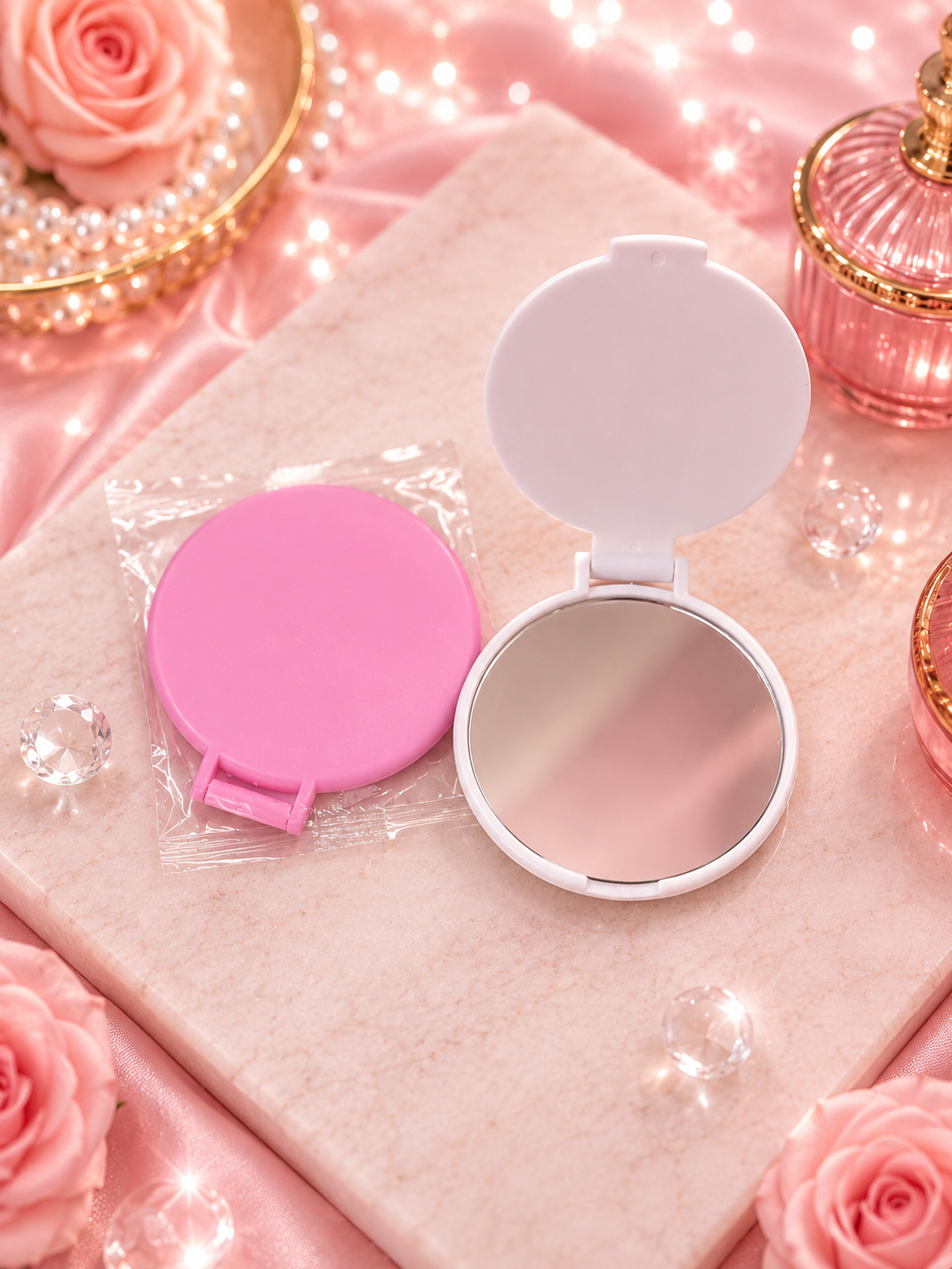 Petit miroir de poche rond pliable- Rose & Blanc