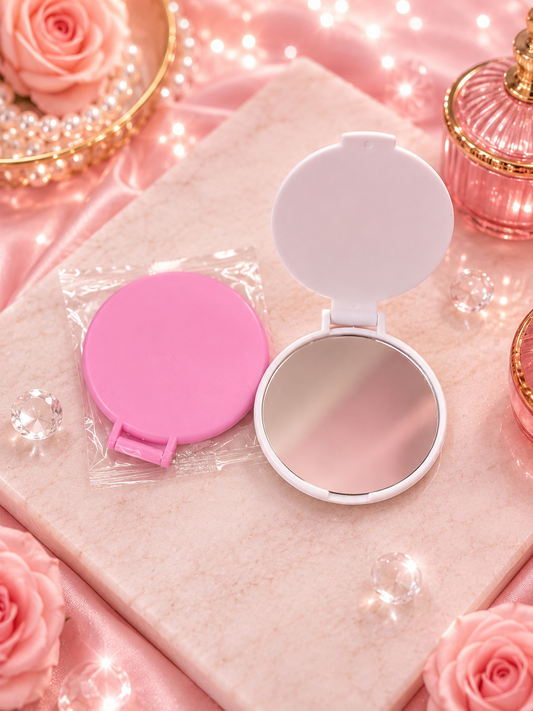Petit miroir de poche rond pliable- Rose & Blanc